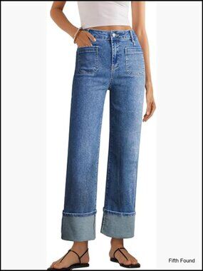 High Waisted Wide Leg Jeans Cuffed Stretchy Denim